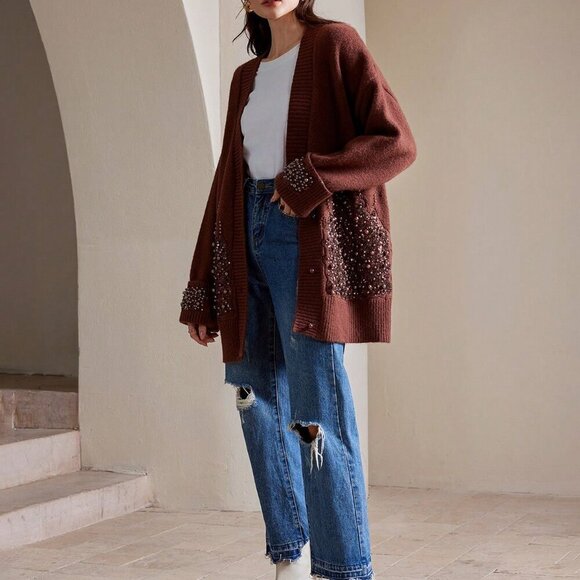 Coffee Brown Sequin and Faix Pearl detailed Women's Oversized sweater Cardigan - Picture 5 of 8